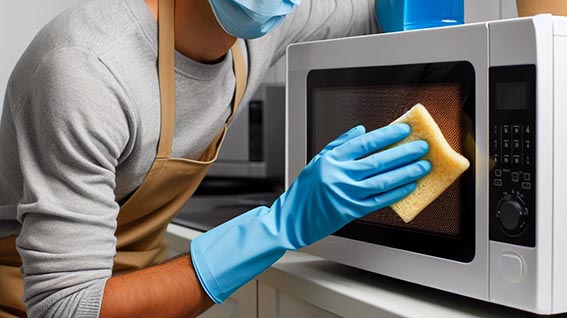 Una persona limpiando un microondas